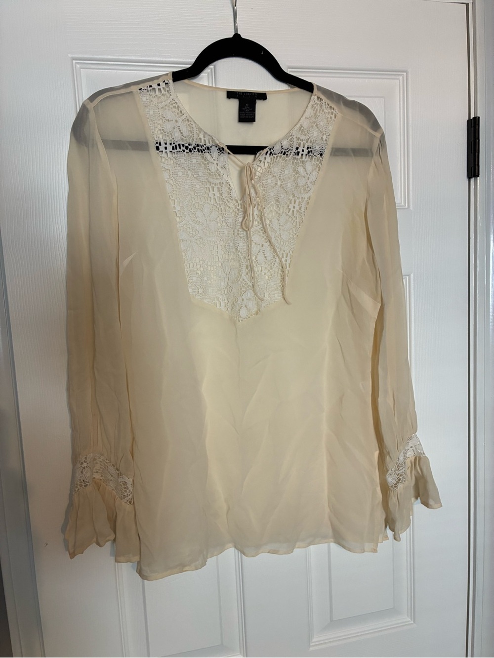 The Limited Cream Lace-Trim Tie-Neck Silk Blouse